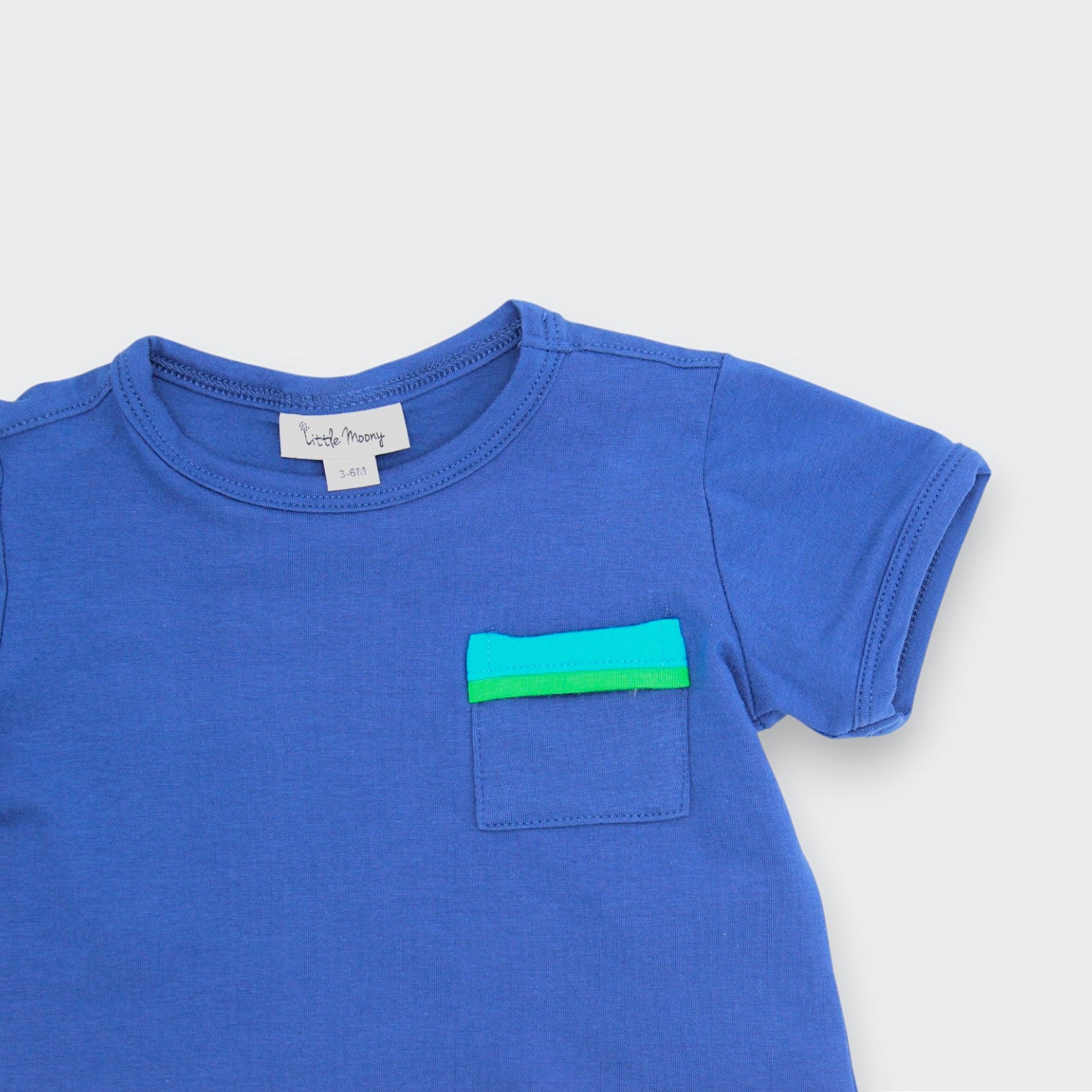 Little Moony Colorblock Pocket Tee in Soft Sea Blue showing Soft Cotton Texture - Close Up View