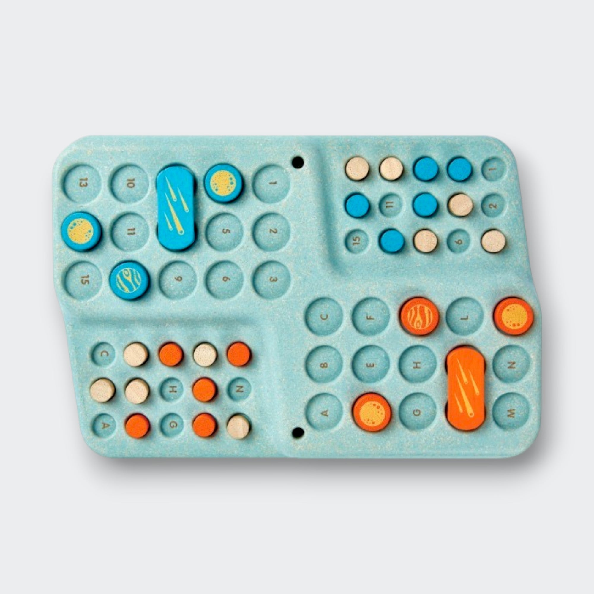 Little Moony Guess My Planet wooden strategy game with colorful planets and game board for kids. Board view.