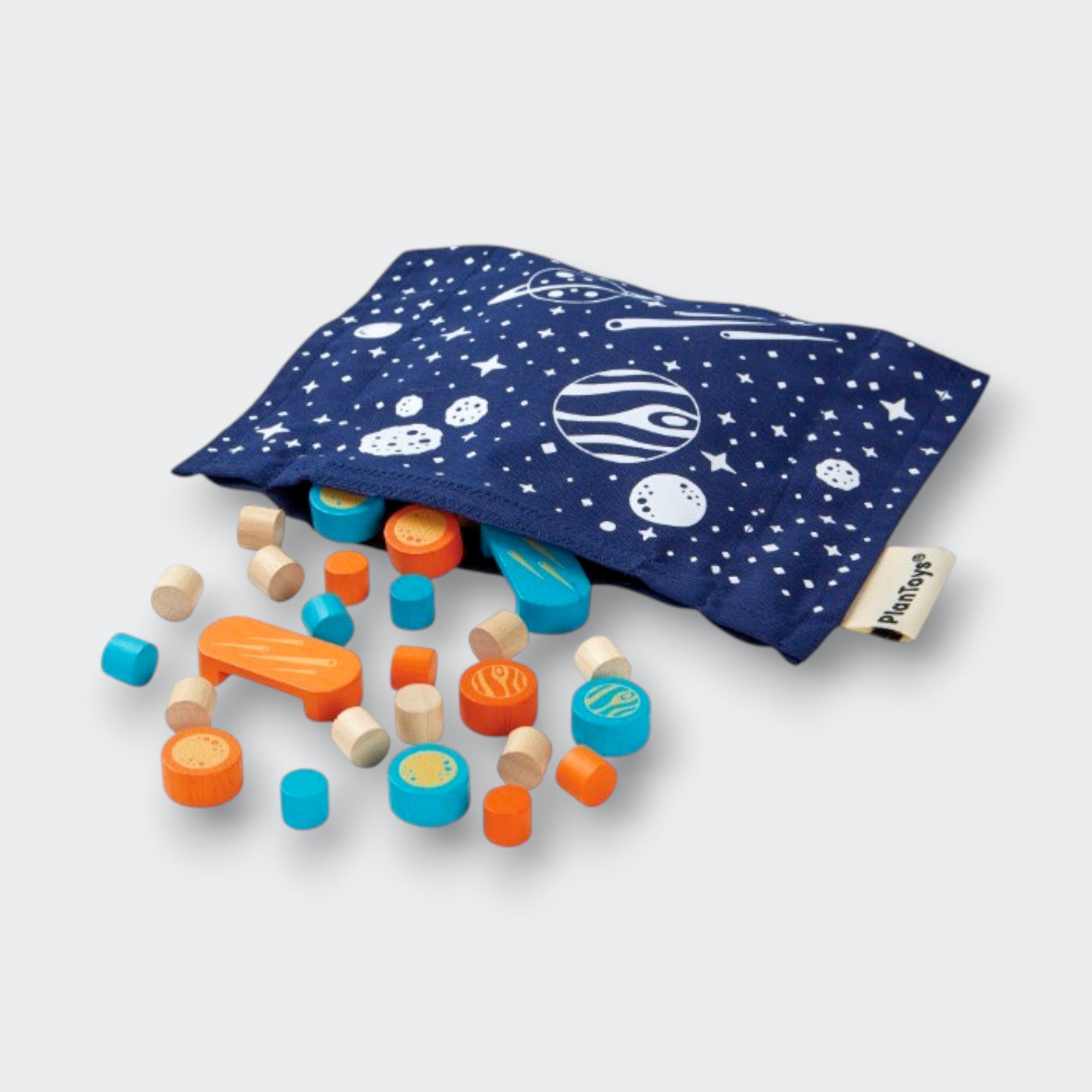 Little Moony Guess My Planet wooden strategy game with colorful planets and game board for kids. Pieces view.