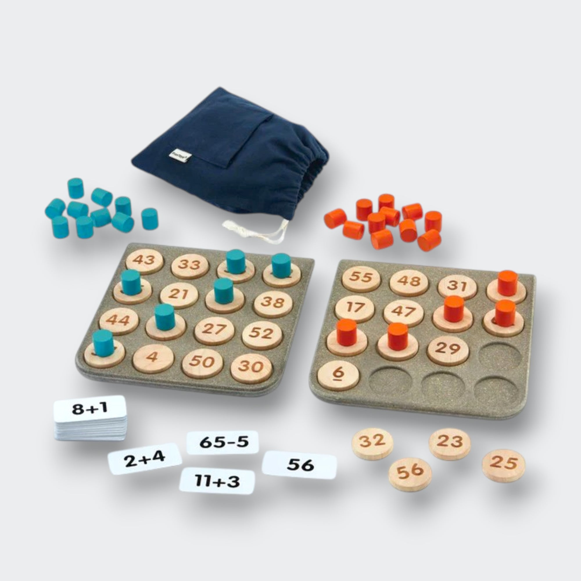 Little Moony Math Bingo wooden educational game with colorful game boards and math cards for kids. Complete set view.