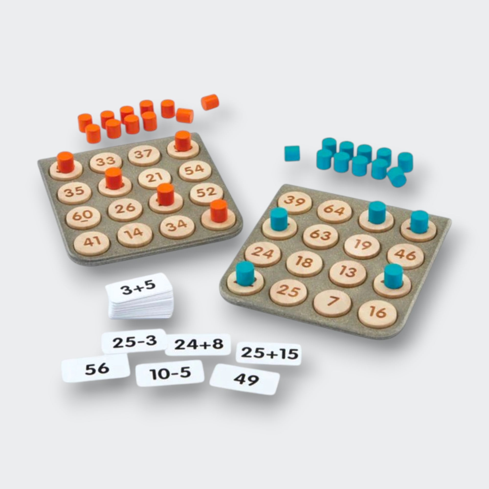 Little Moony Math Bingo wooden educational game with colorful game boards and math cards for kids.