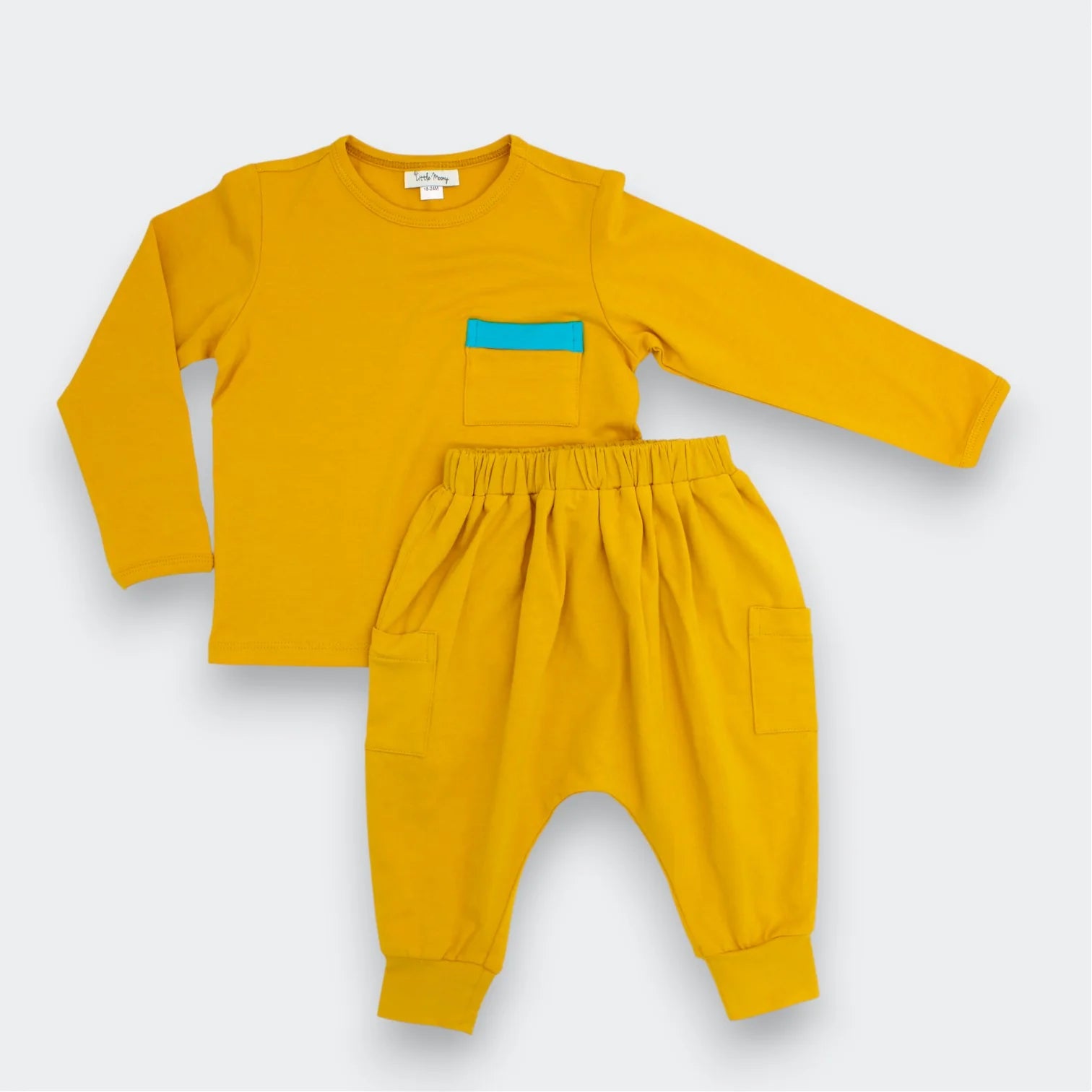 Yellow long-sleeve shirt and pants set with a blue pocket for Little Moony
