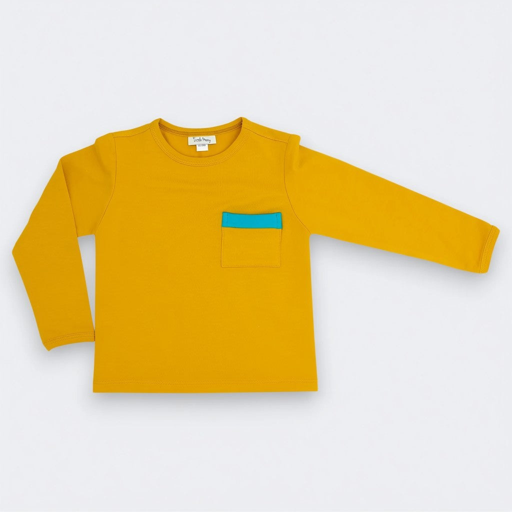 Mustard yellow pocket long sleeve tee for baby and toddler, Little Moony