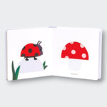 Little Moony TouchThinkLearn Shapes sensory board book with raised shapes and colorful illustrations for babies and toddlers. Mushroom & bug page.