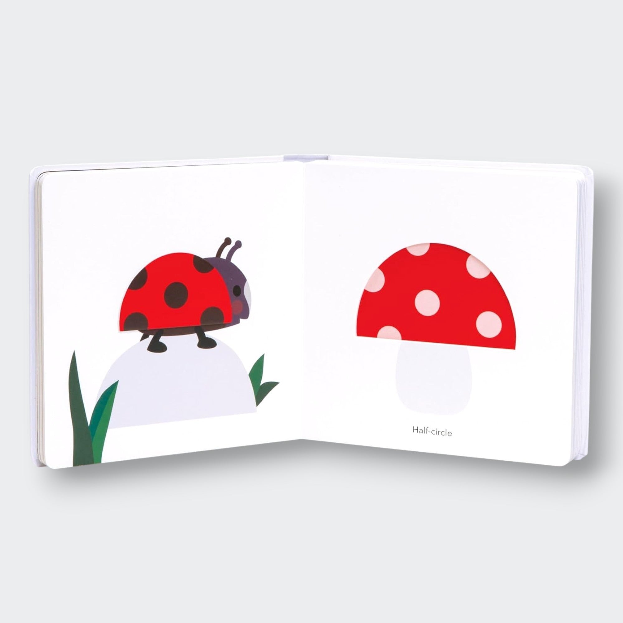 Little Moony TouchThinkLearn Shapes sensory board book with raised shapes and colorful illustrations for babies and toddlers. Mushroom & bug page.