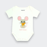 A white short-sleeve baby bodysuit featuring a cartoon mouse holding a slice of pizza with the text 'NEW YORK' printed below, displayed on a light gray background.