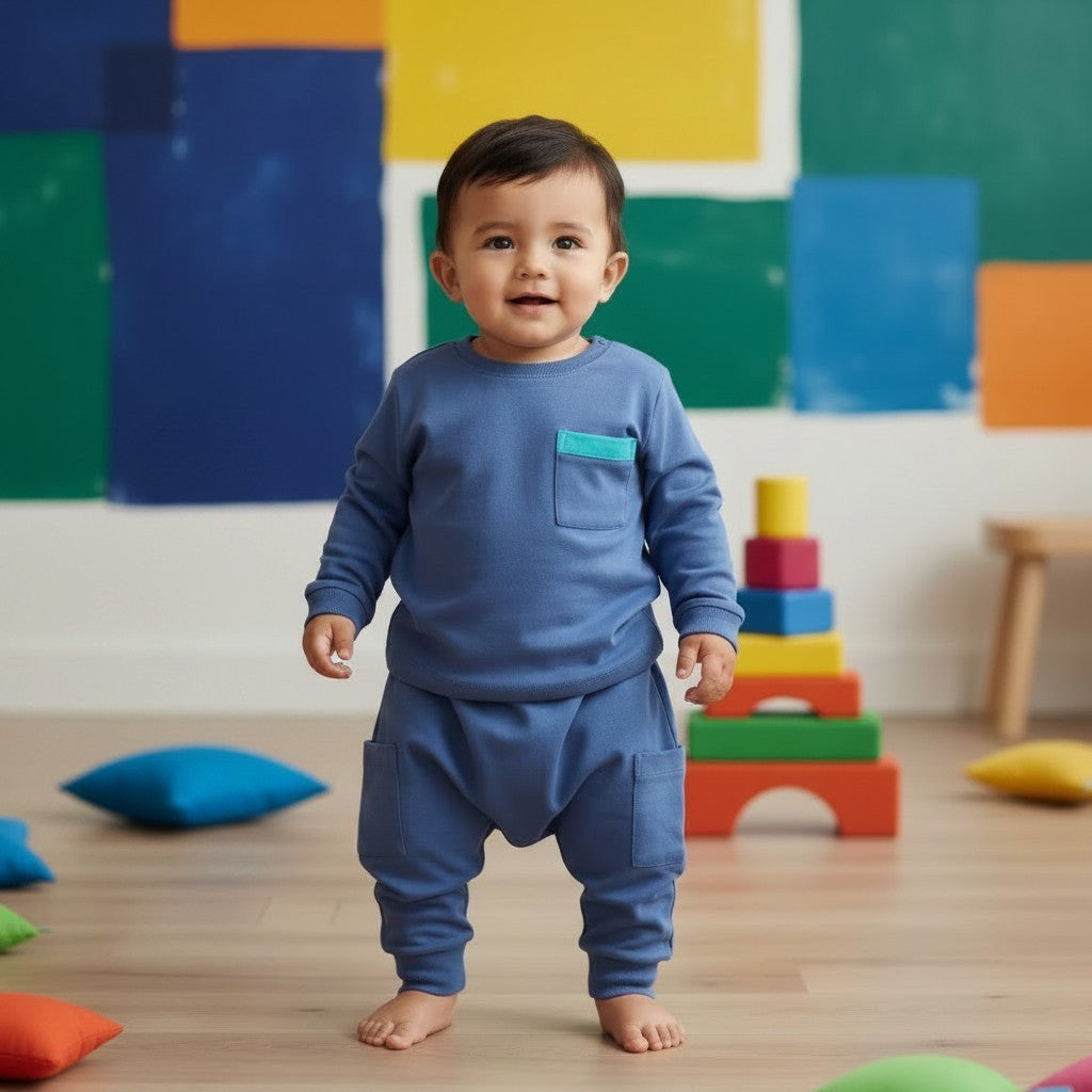 Child in soft sea blue long sleeve tee shirt and joggers standing in a colorful playroom with blocks and cushions, Little Moony