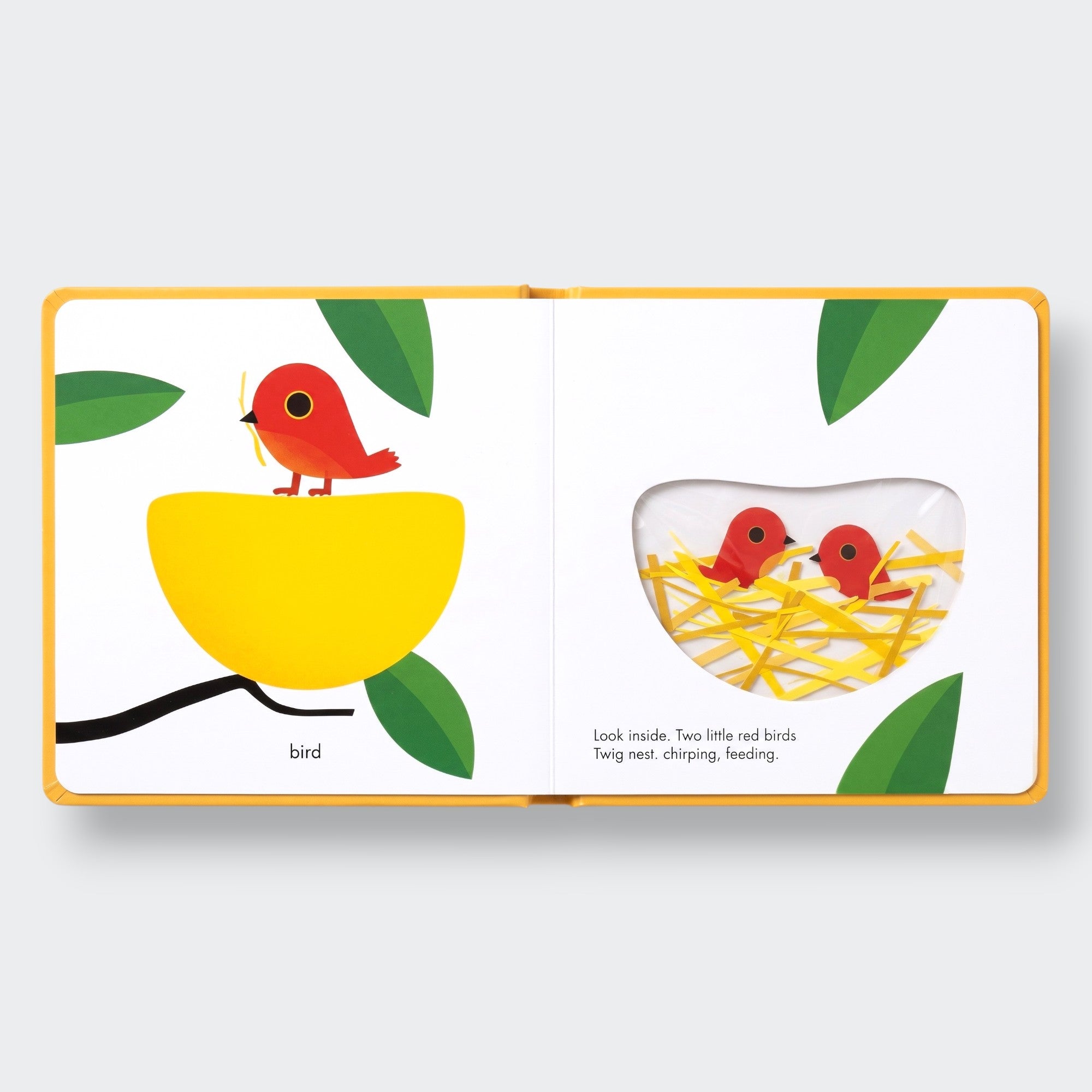 Little Moony TouchThinkLearn Farm sensory board book with raised farm animals and tactile illustrations for babies and toddlers. Sample page birds.
