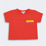 Little Moony vermillion red cotton pocket tee flat lay, handcrafted in Los Angeles