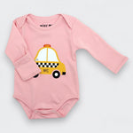 Little Moony. Pink long sleeve organic Pima cotton baby bodysuit with yellow NYC taxi illustration — New York baby gift by Little Moony