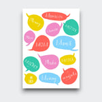 A white greeting card covered in bright speech bubbles, each with a different word for mother, including “Mom,” “Mama,” “Madre,” “Maman,” and “Mamacita.”