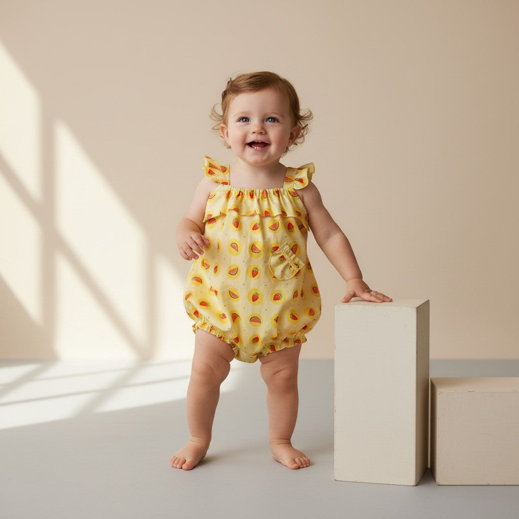 Baby in a yellow romper with fruit pattern standing next to a block on a neutral background