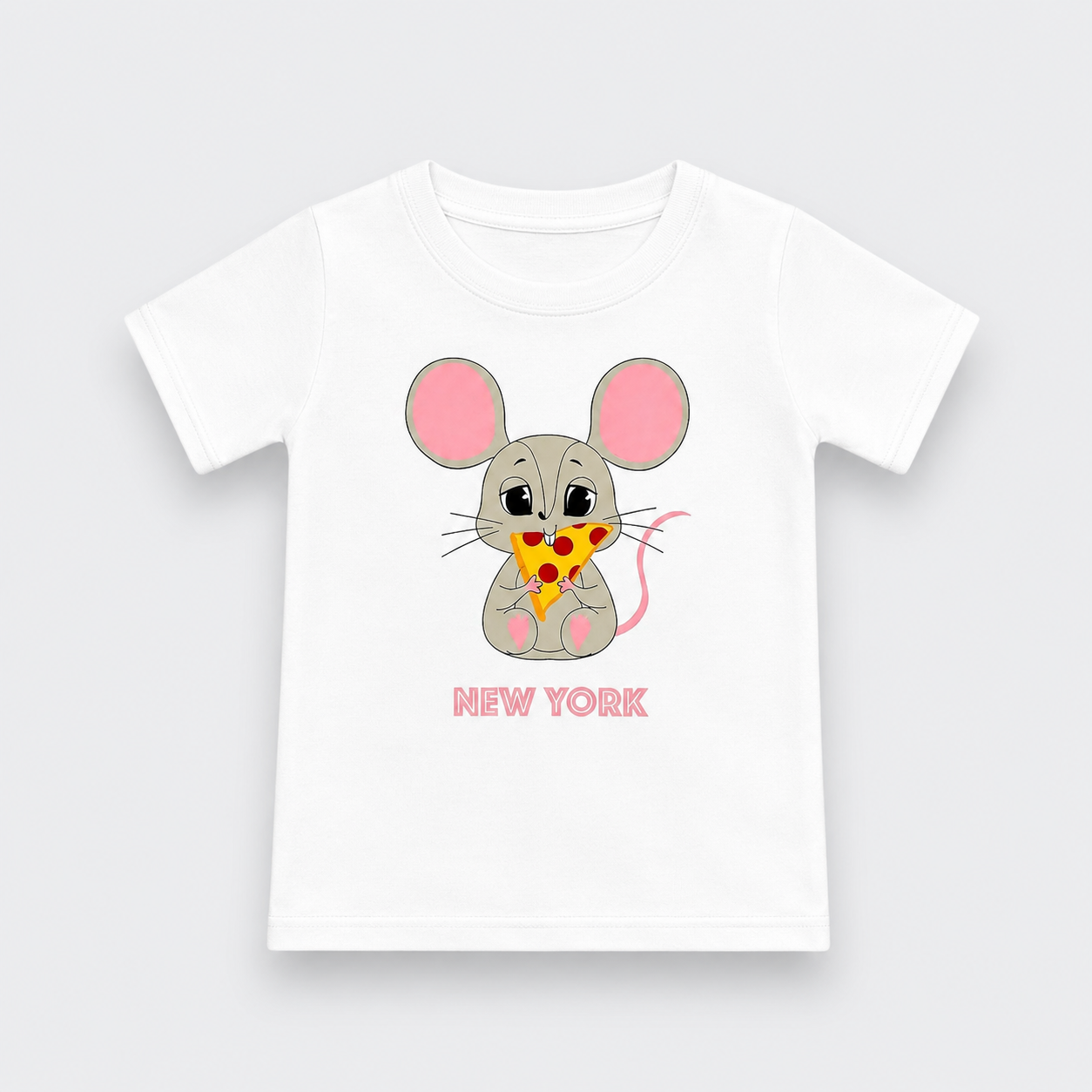 A white short-sleeve kids' t-shirt with a cartoon graphic of a gray mouse holding a slice of pizza, with pink ears and the text 'NEW YORK' printed below in pink.