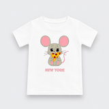 A white short-sleeve kids' t-shirt with a cartoon graphic of a gray mouse holding a slice of pizza, with pink ears and the text 'NEW YORK' printed below in pink.