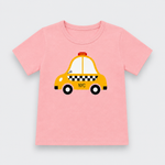 A pink short-sleeve kids' t-shirt featuring a cartoon graphic of a yellow NYC taxi with black and white checkered stripes, displayed on a light gray background.