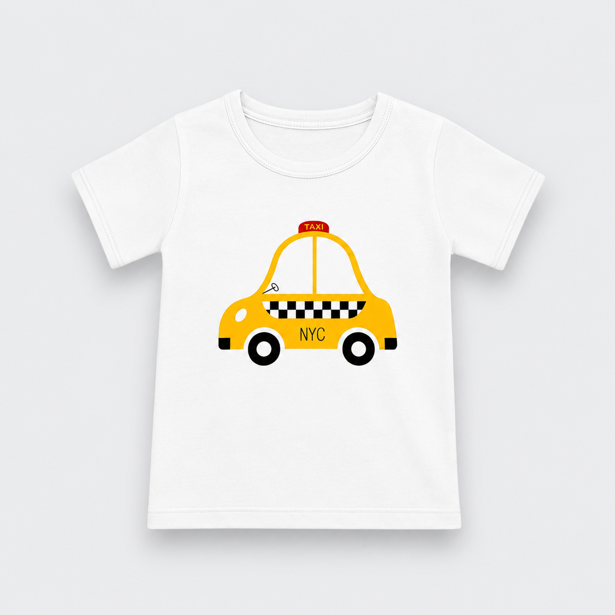 A white short-sleeve baby t-shirt featuring a cartoon graphic of a yellow NYC taxi with black checkered stripes and wheels, displayed on a light gray background.