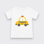 A white short-sleeve baby t-shirt featuring a cartoon graphic of a yellow NYC taxi with black checkered stripes and wheels, displayed on a light gray background.