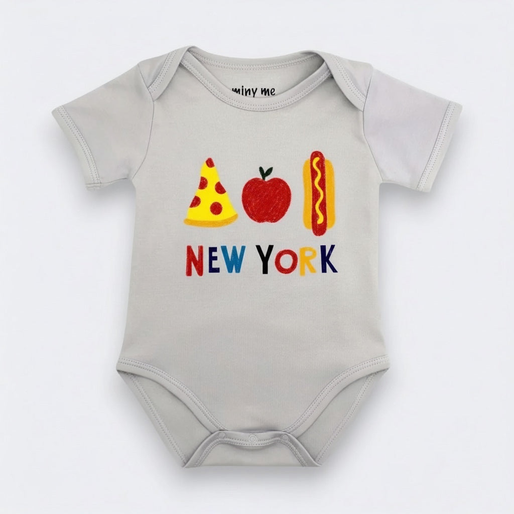 Grey organic Pima cotton baby bodysuit with colorful New York foodie print — pizza, apple, and hot dog icons with 'New York' text