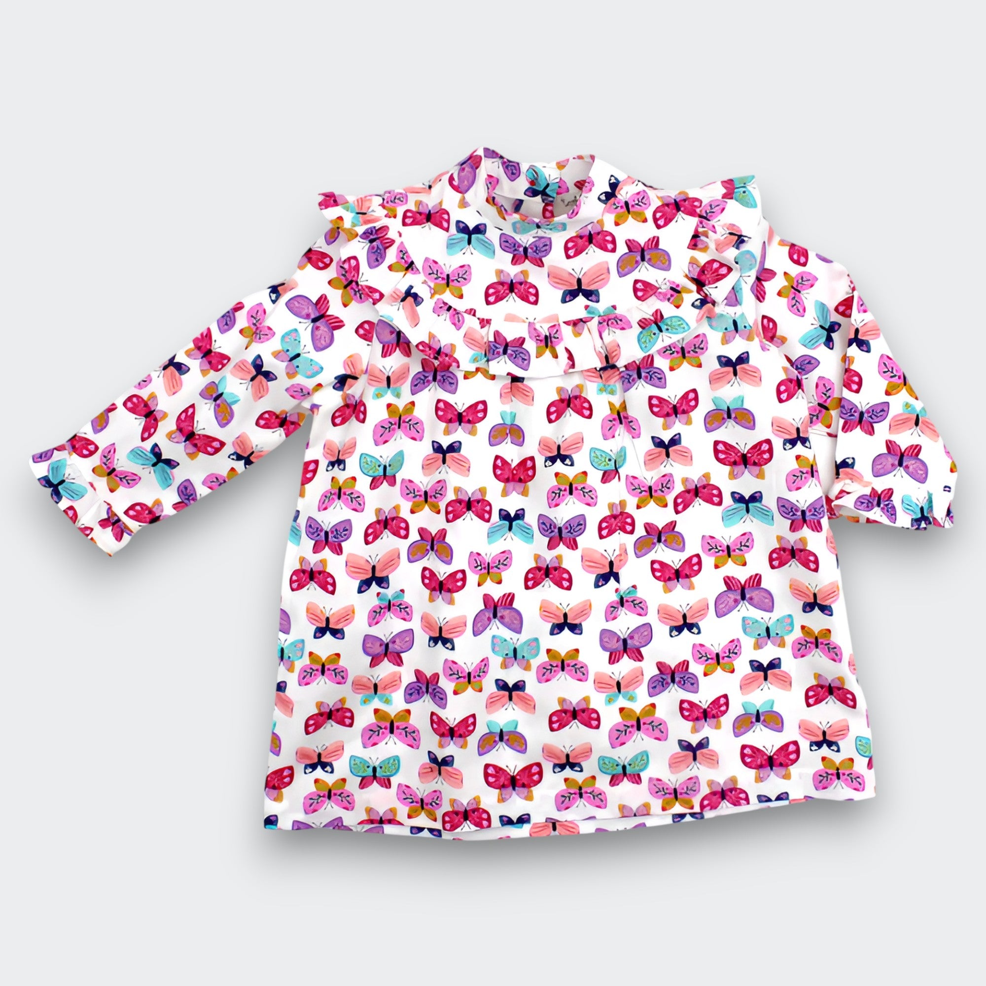 Little Moony Pink Butterfly Print Soft Cotton Long Sleeve Dress with Ruffles for babies and toddlers