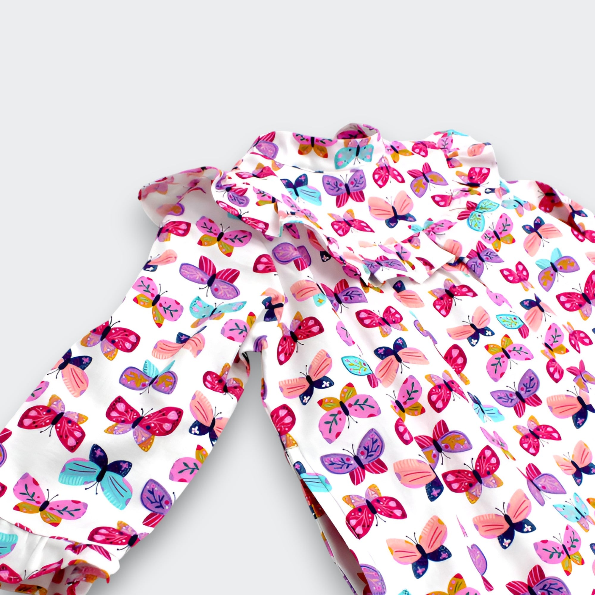 Little Moony Pink Butterfly Print Soft Cotton Long Sleeve Dress with Ruffles for babies and toddlers - Detailed View