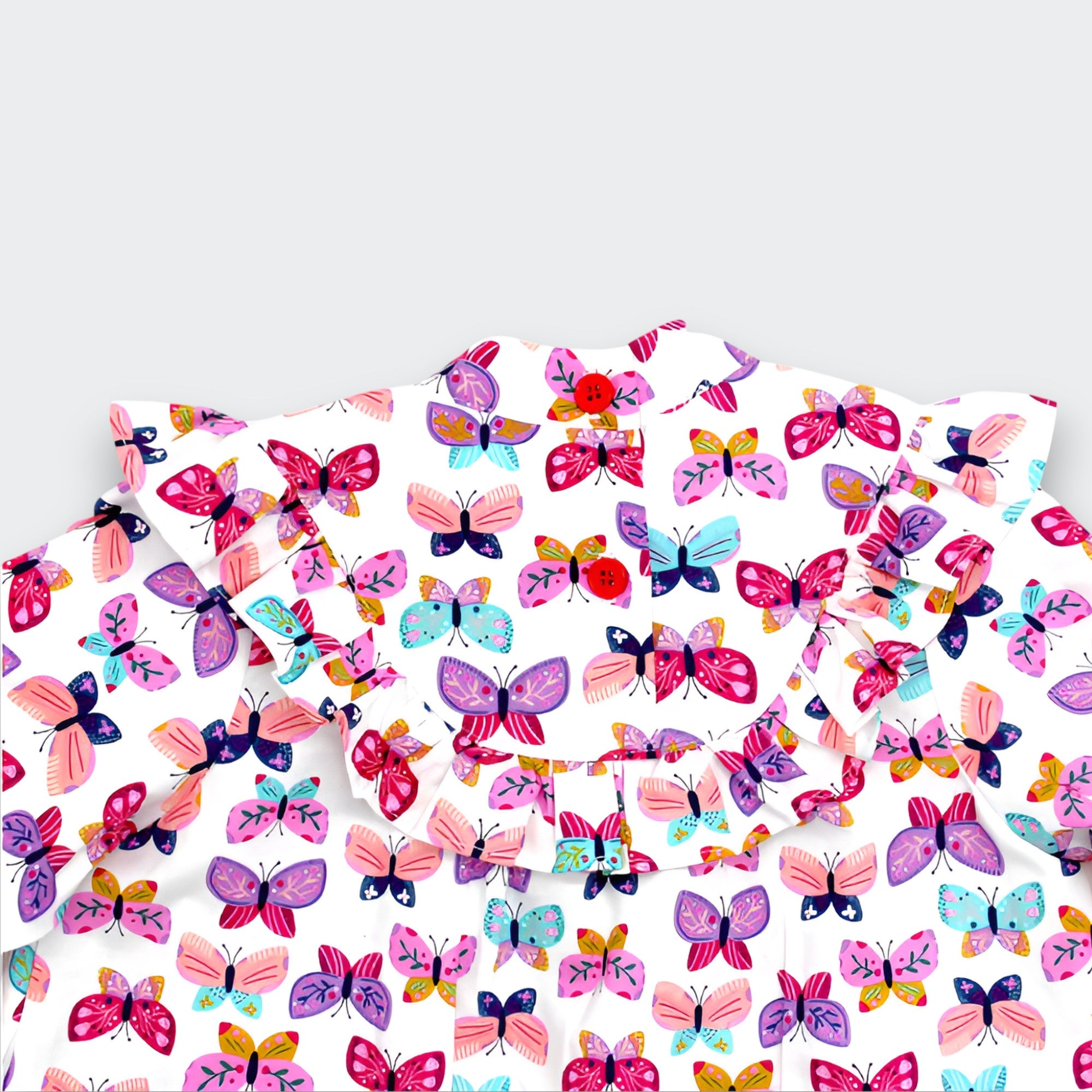 Little Moony Pink Butterfly Print Soft Cotton Long Sleeve Dress with Ruffles for babies and children - Back View