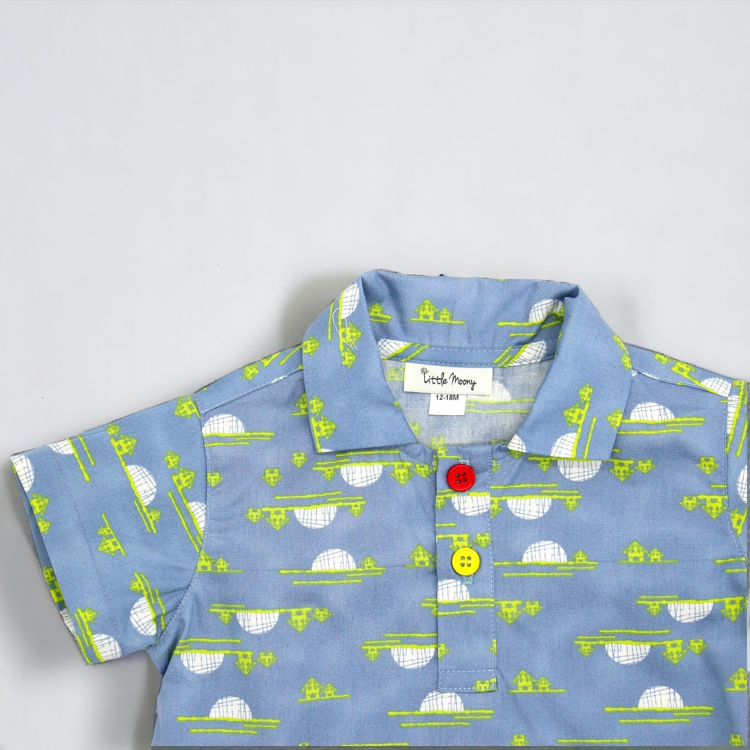 Denim Color Twilight Moon Cotton Polo-Style Shirt. Detail view.