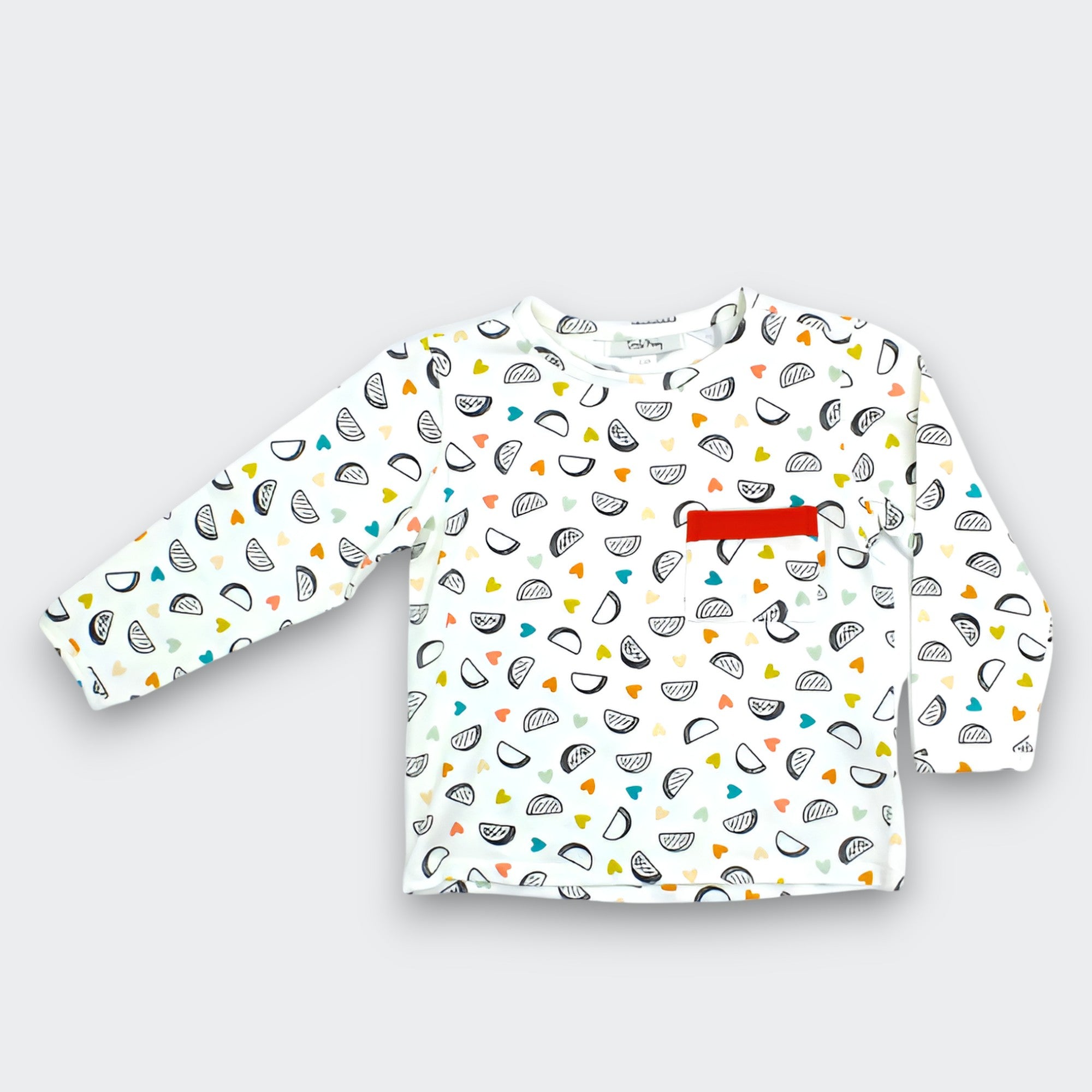 Little Moony featuring playful Taco Print Pima Cotton Long Sleeve Shirt with red contrast pocket for babies and kids