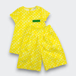 Little Moony Yellow Checkerboard Trapeze Dress and pants set in OEKO-TEX Certified Cotton for Toddlers - Detailed View