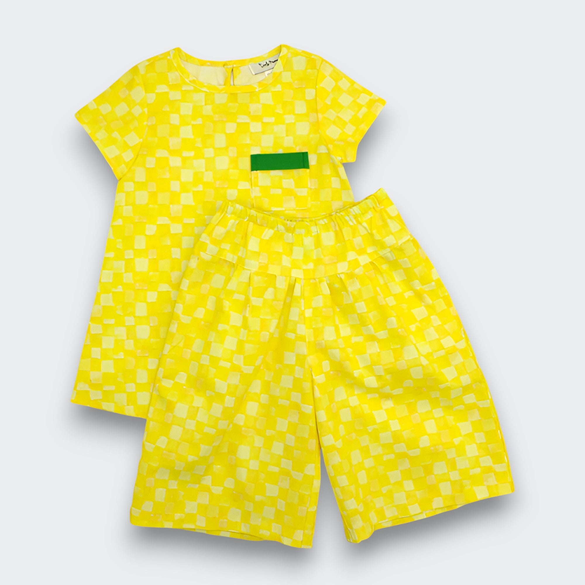 Little Moony Yellow Checkerboard Trapeze Dress and pants set in OEKO-TEX Certified Cotton for Toddlers - Detailed View