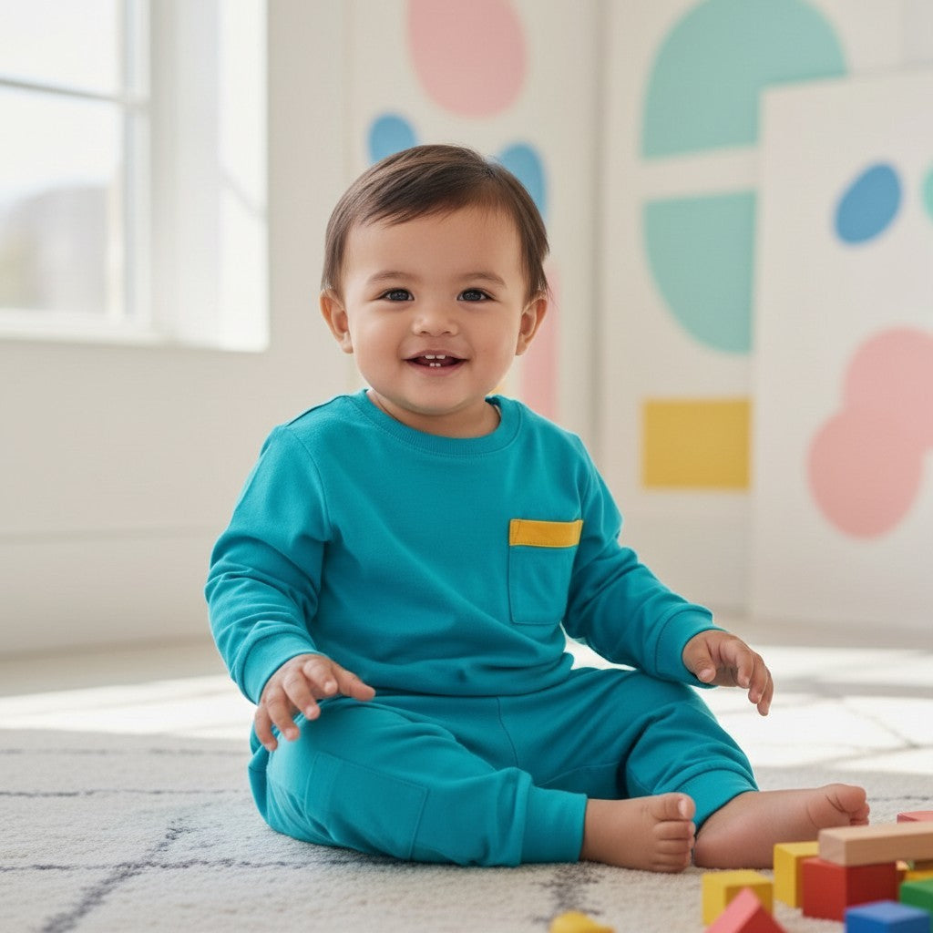 Child wearing a blue outfit with a yellow pocket, sitting on the floor with colorful blocks.