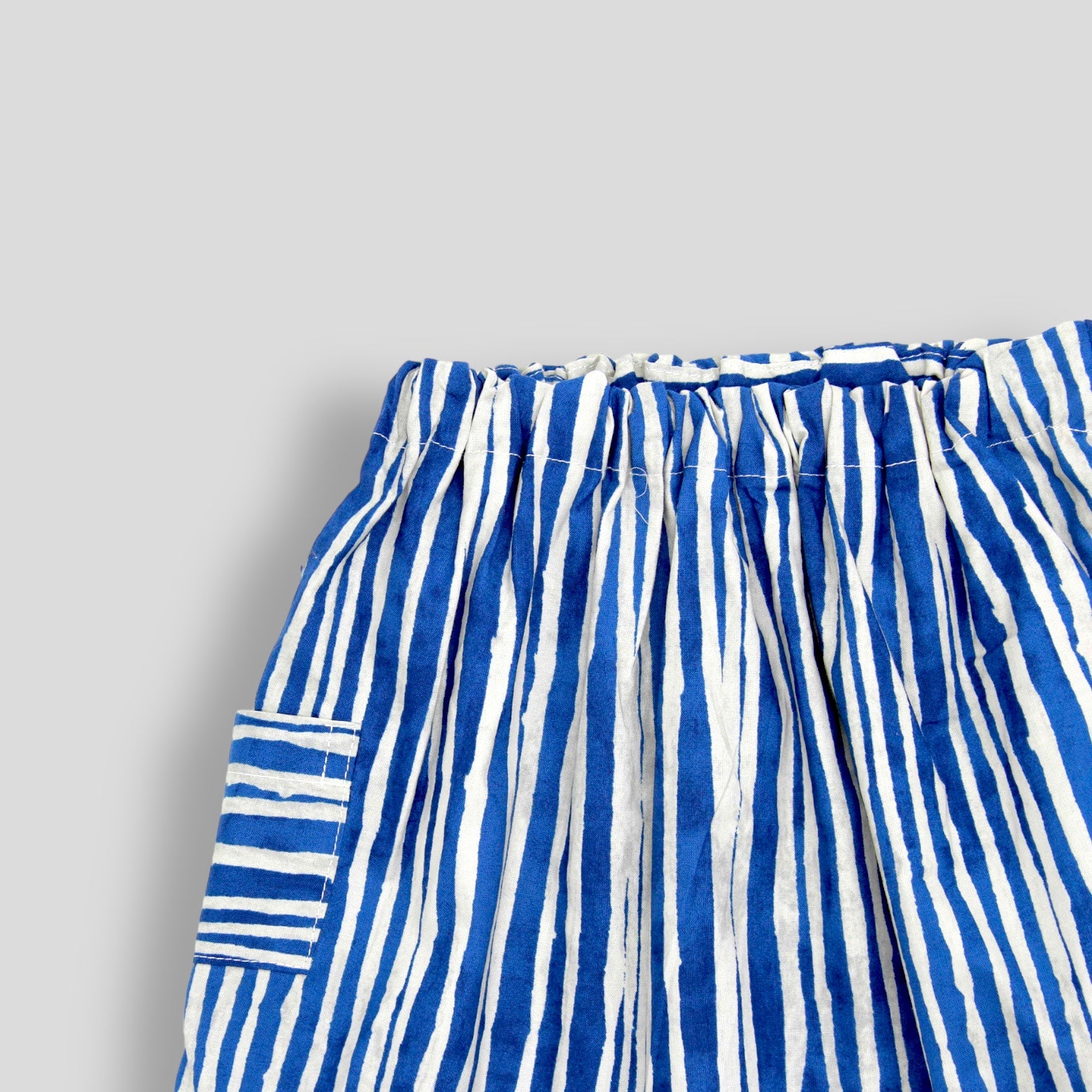 Cargo Style Cotton Harem Trousers in Blue and White Water Edge Line. Detail view.