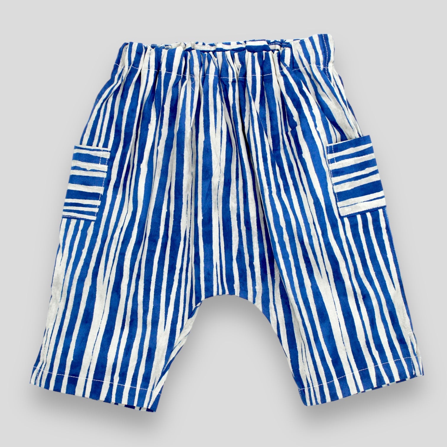 Cargo Style Cotton Harem Trousers in Blue and White Water Edge Line