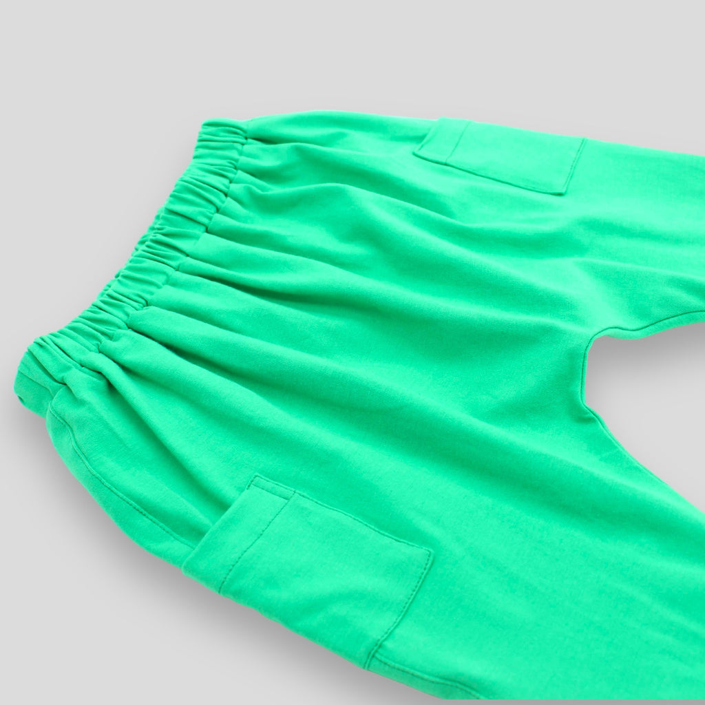 Soft Cotton Knit Jade Green Harem Jogger Pants for Babies and Kids. Side view.