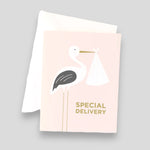 Greeting Card: Special Delivery. Pink card with illustration of stork holding a package. 