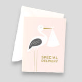 Greeting Card: Special Delivery. Pink card with illustration of stork holding a package. 