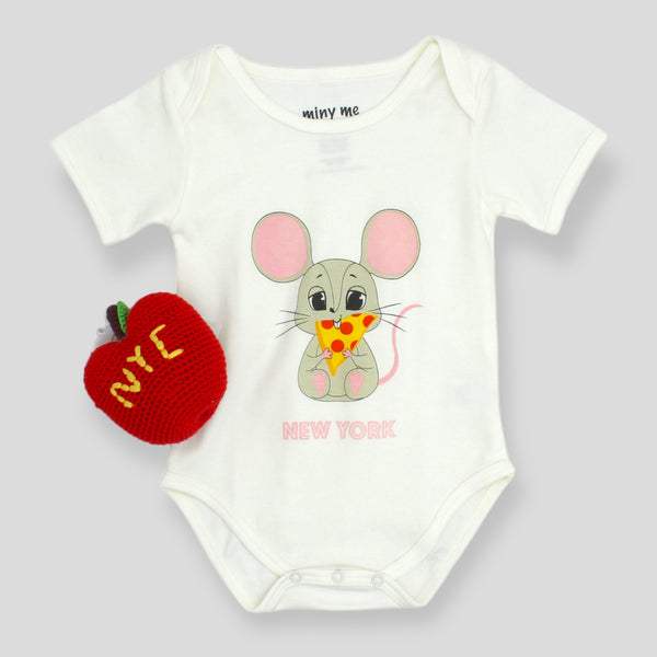 ORGANIC PIMA New York Pizza Mouse Bodysuit and Apple Rattle Set