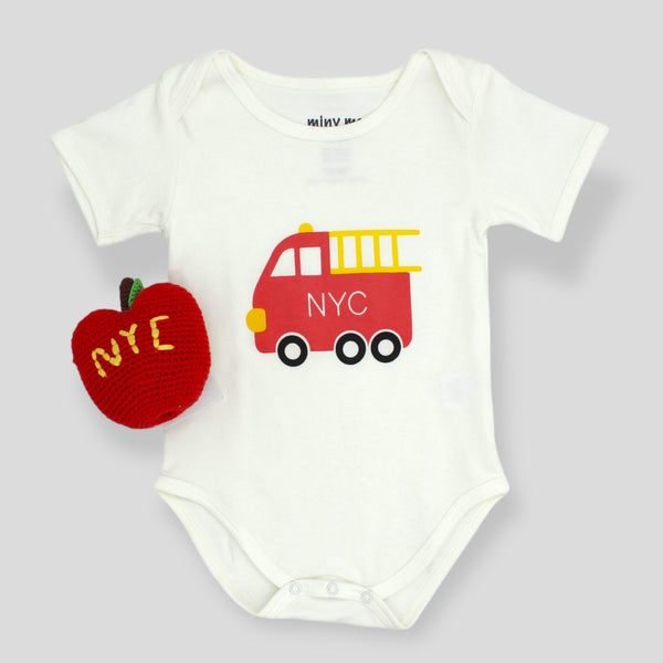 Organic Pima Cotton New York Fire Truck Bodysuit & Apple Rattle Set - Baby Gift Set