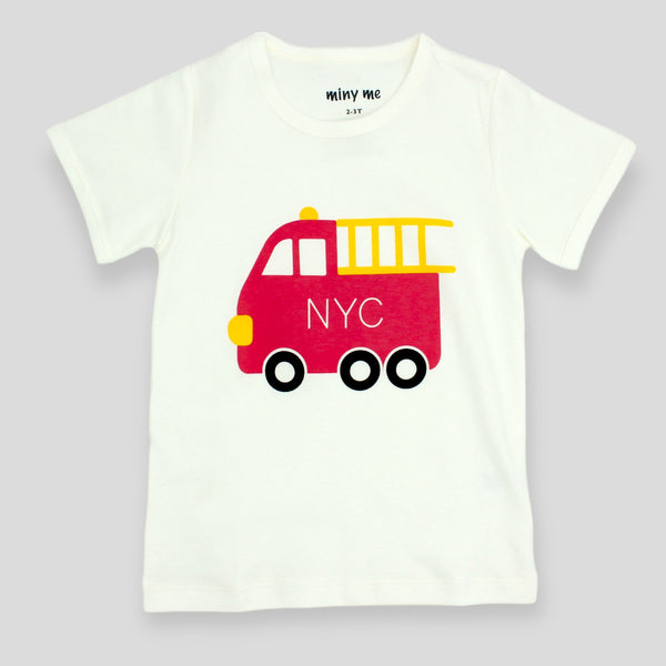 ORGANIC PIMA Cotton Fire Truck Tee White for Kids