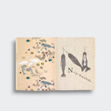 N is for Narwhals spread from ABC: An Animal Alphabet Adventure, showing three narwhals beside colorful sea animals on a light gray background.