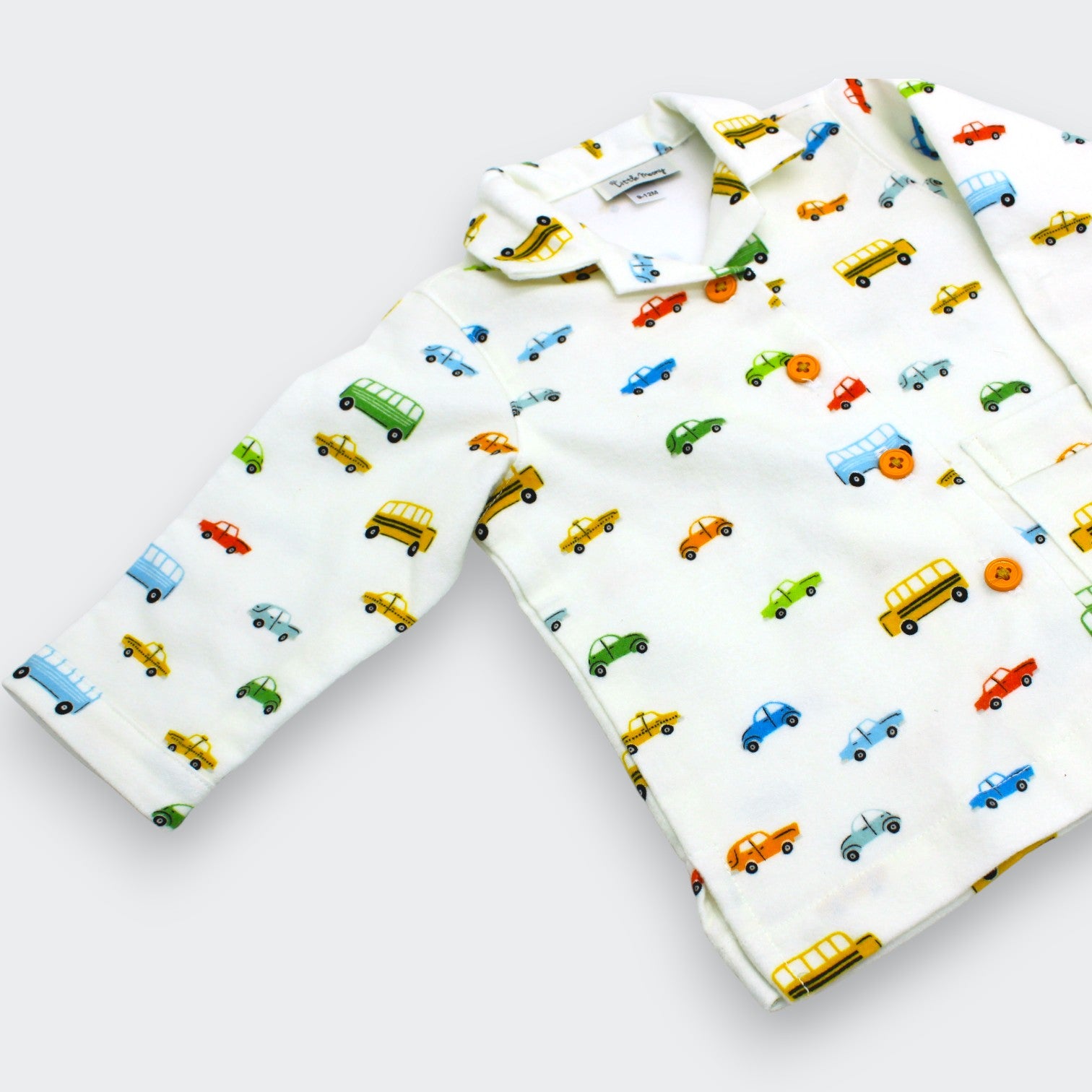  Close-up of Little Moony Little Wheels flannel shirt jacket showing car and truck print detail