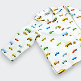  Close-up of Little Moony Little Wheels flannel shirt jacket showing car and truck print detail