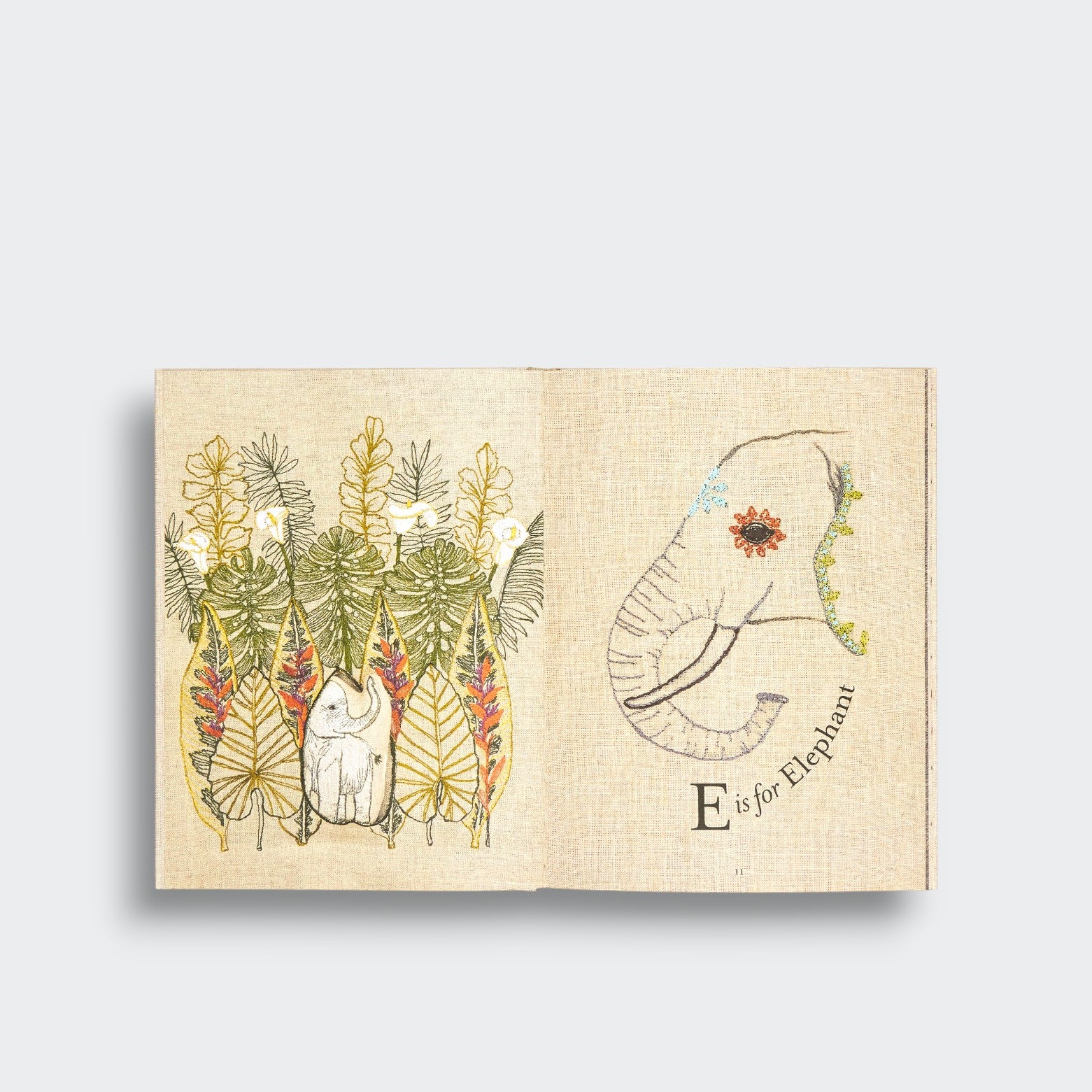 E is for Elephant spread from ABC: An Animal Alphabet Adventure, featuring elephants and leafy botanical illustrations on a light gray background.