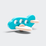 Little Moony Wooden Airplane Toy with teal finish and easy-grip handles for toddlers and kids.