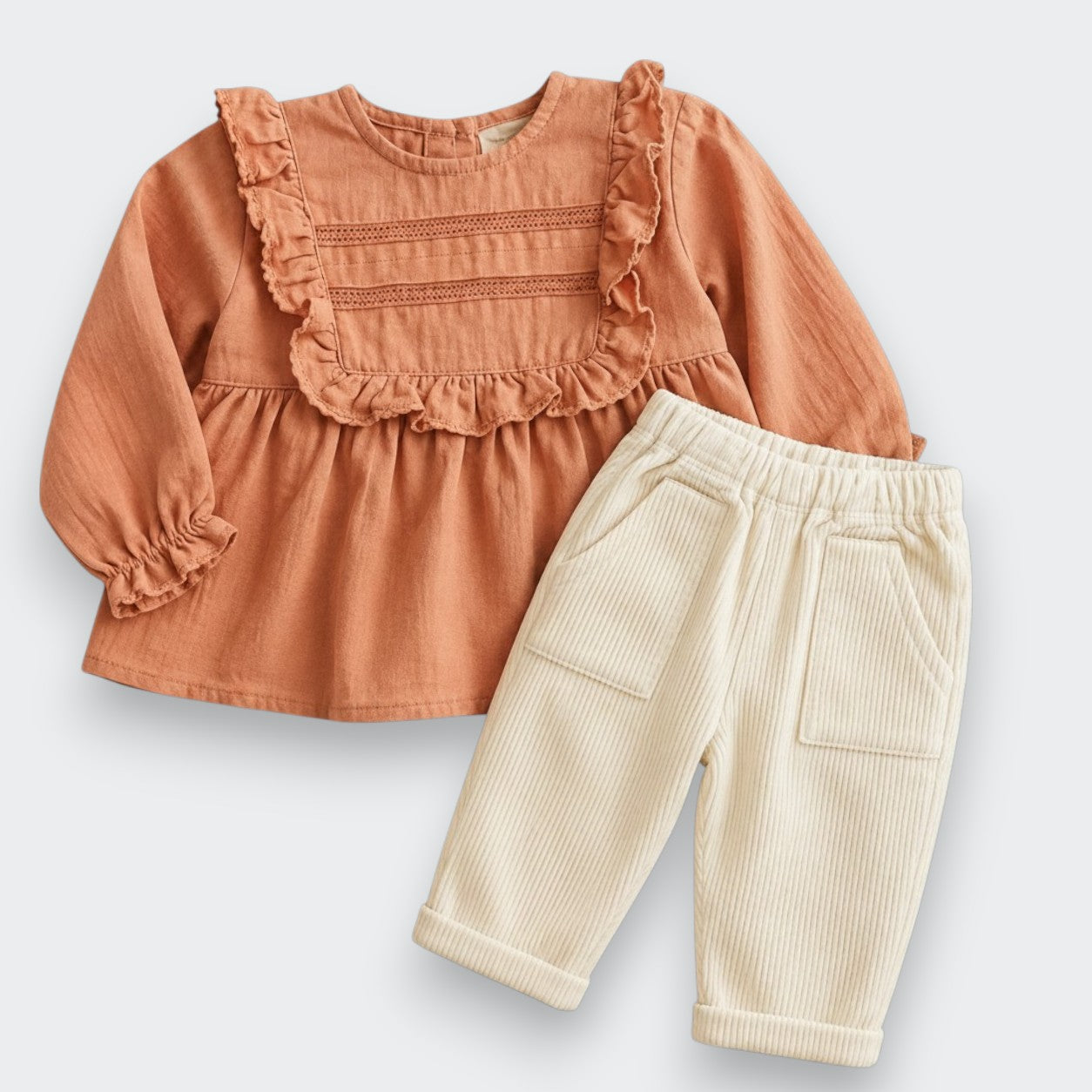 Little Moony baby blouse with ruffle detailing and ivory corduroy pants for babies and toddlers