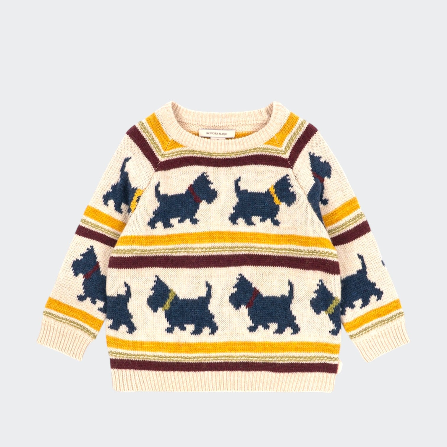 Cream Belou knit sweater with navy Scottie dogs and mustard, burgundy, and olive stripes, shown from the front on a light gray background.