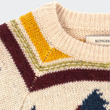 Close-up of the Belou Piccolo Scottie sweater’s cream ribbed neckline, textured knit, and mustard, olive, and burgundy stripes.