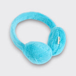 Angled view of bright blue Bobo Choses faux-fur kids’ earmuffs on a light gray background.