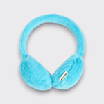 Front view of bright blue Bobo Choses faux-fur kids’ earmuffs, showing the padded ear covers on a light gray background.