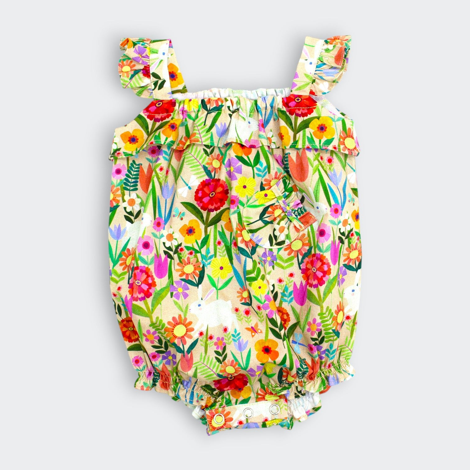Bunny and floral print baby romper with ruffle straps and bubble silhouette by Little Moony