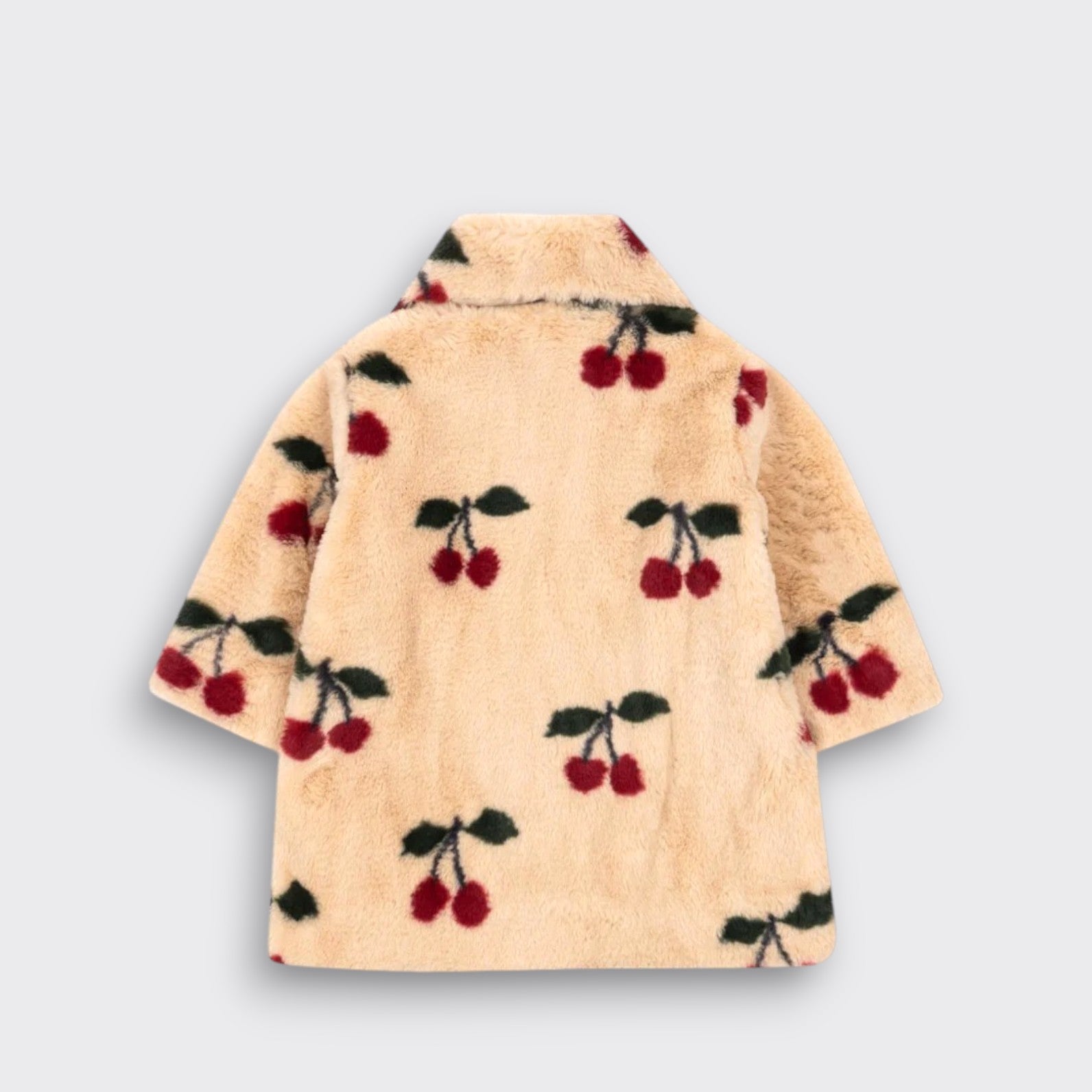 Little Moony Cherry Fuzzie Coat with soft plush texture and rounded collar for kids back view